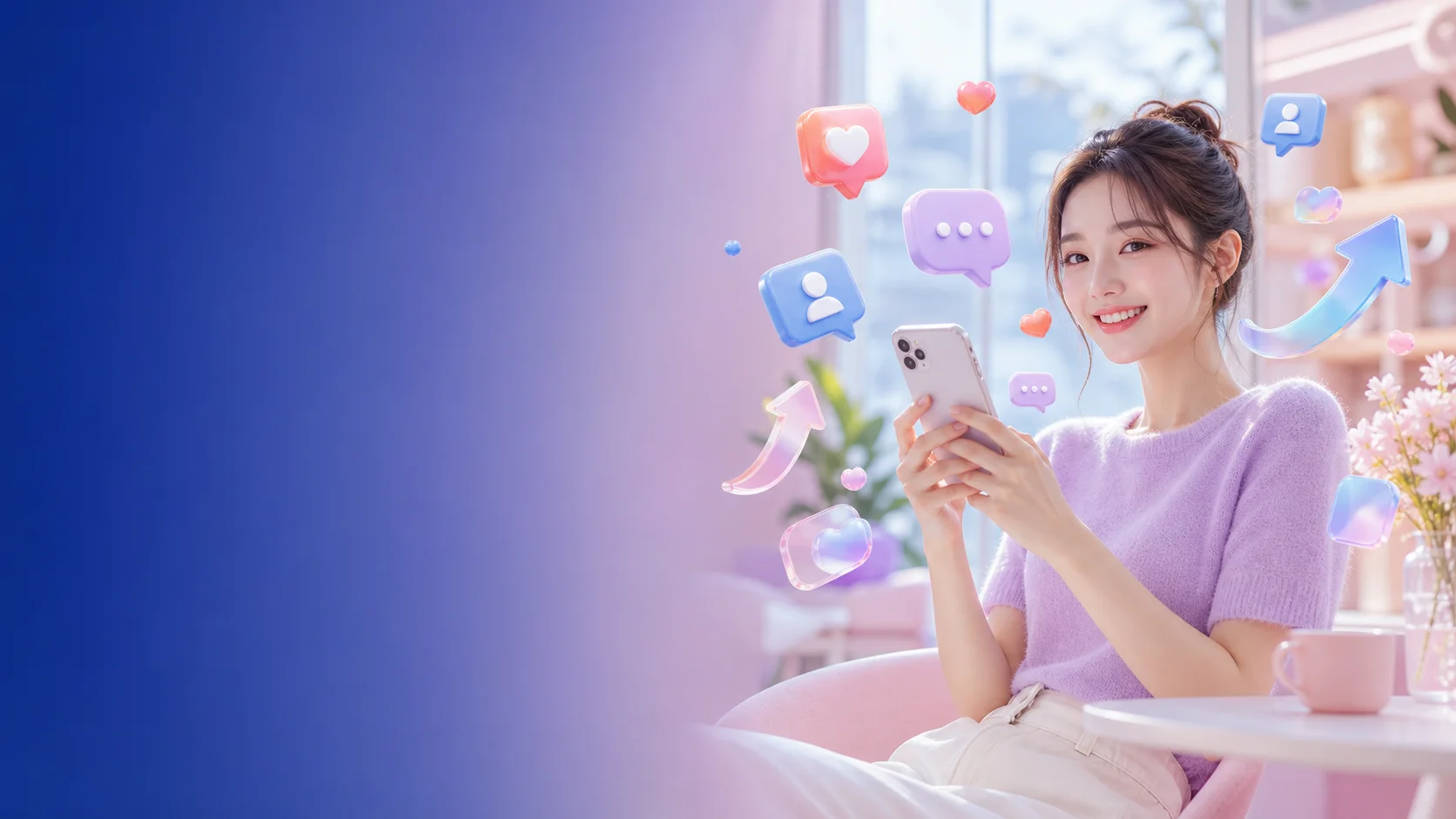 밝은 파스텔 공간에서 스마트폰을 사용하는 인물과 SNS 반응 오브젝트
